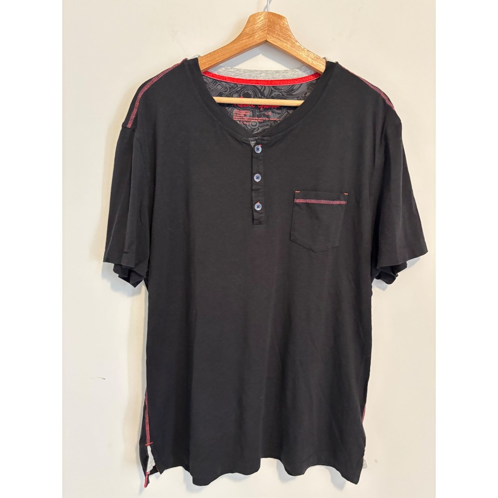 Robert Graham Mens Black Short Sleeve Henley T-Shirt Chest Pocket Red Stitch L